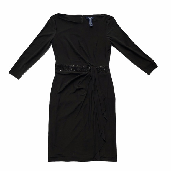 Chaps Little Black Form Fitting Dress With Sequin Belt Drapey Detail Size Small - Picture 6 of 16